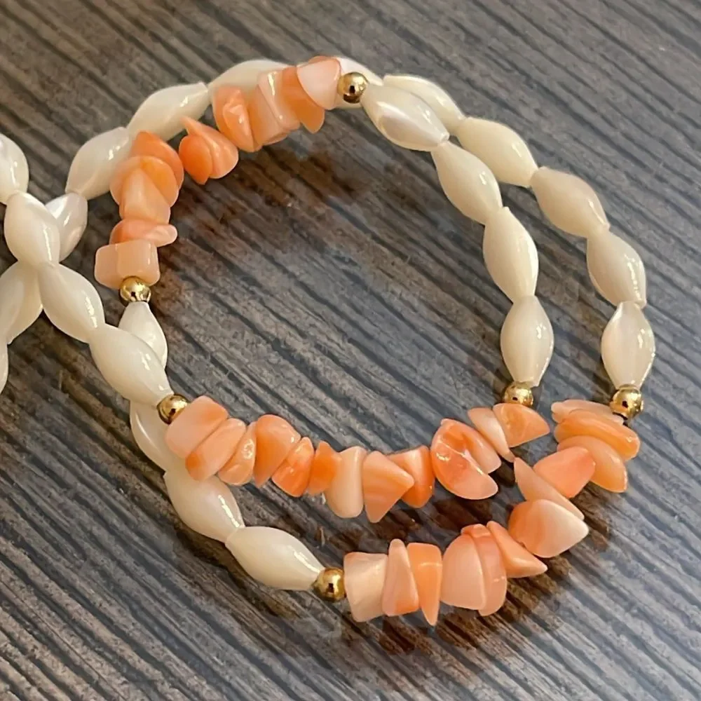 Vintage Lucoral Single Strand Coral & Mother of Pearl Necklace Rice Beads